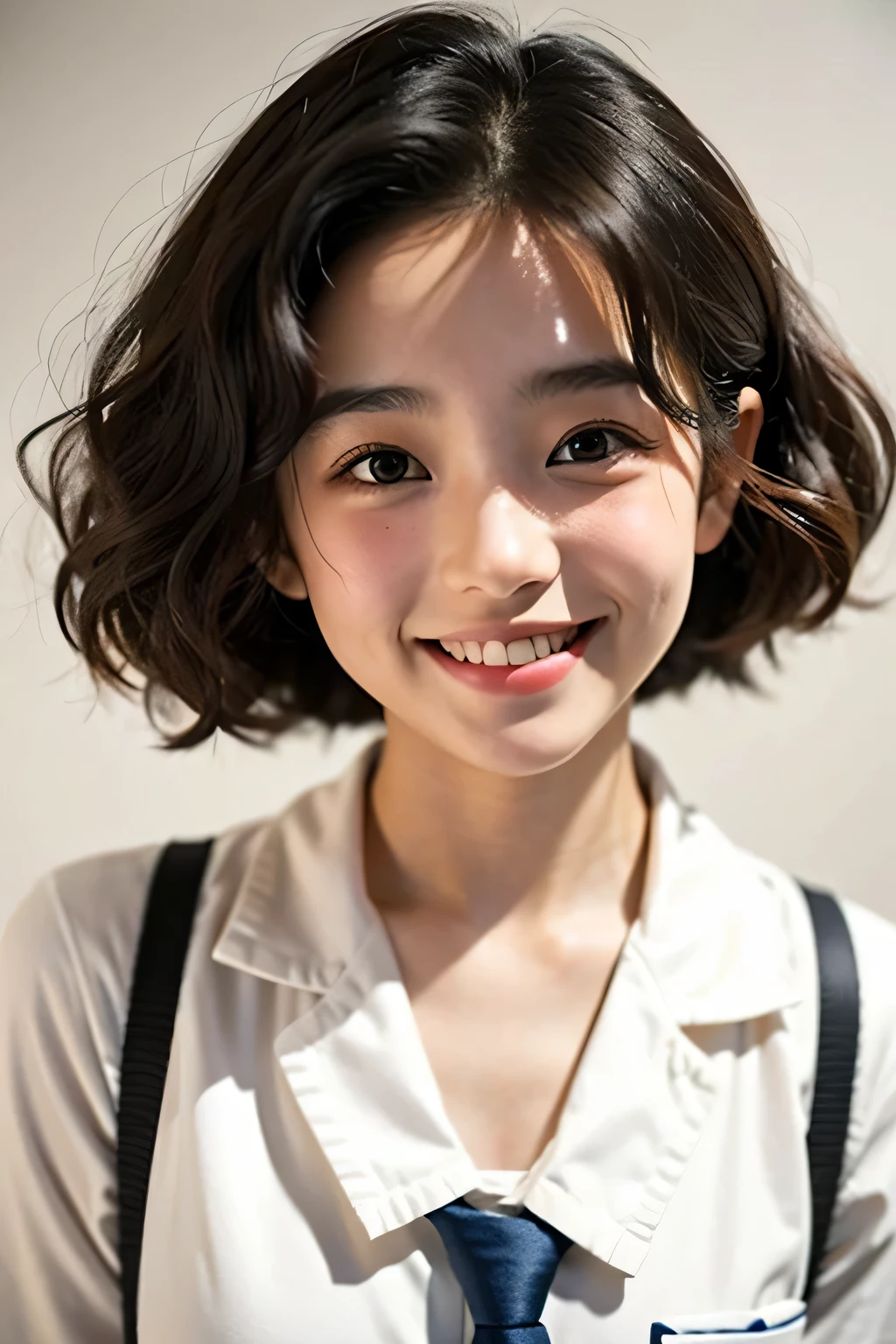 1girl, curly hair,, black eyes, upper teeth only, middle school student, school uniform, full face blush, light smile, blushing, crushing, 16 years old, legally a minor, asian, teenager, adolescent, 