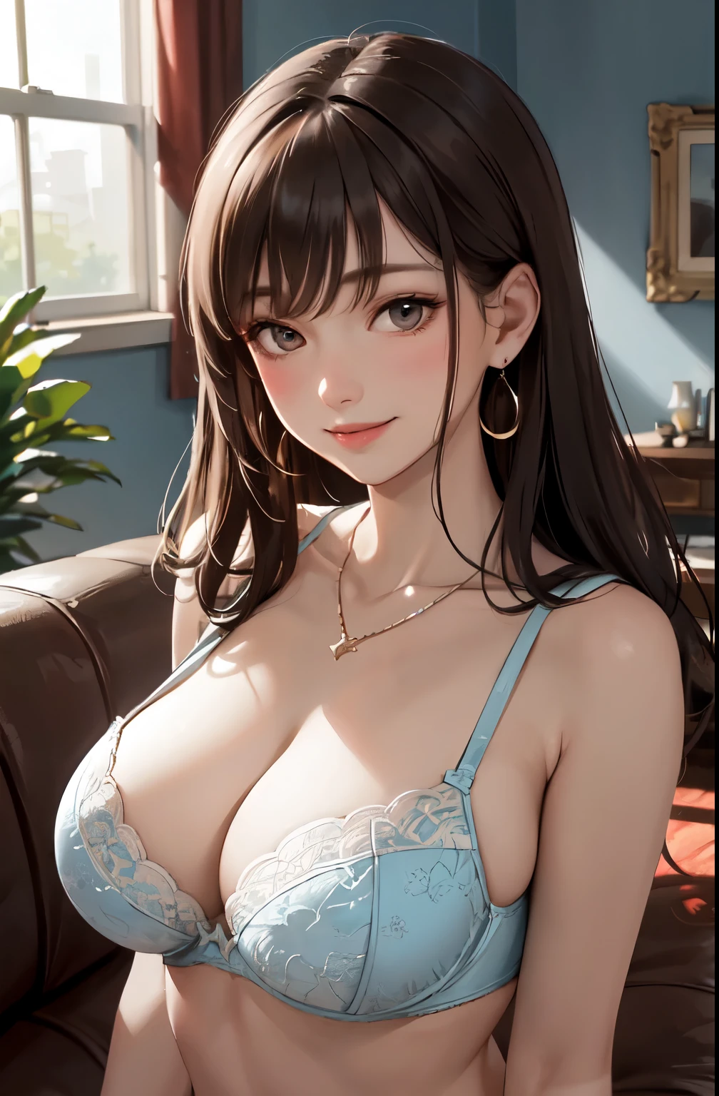 1lady solo, mature female, upper body, /(ornate light blue bra/) /(sexy and revealing/) necklace, /(long brown hair/) bangs, earrings, blush kind smile, (masterpiece best quality:1.2) delicate illustration ultra-detailed, large breasts, cleavage, BREAK /(living room/), detailed background