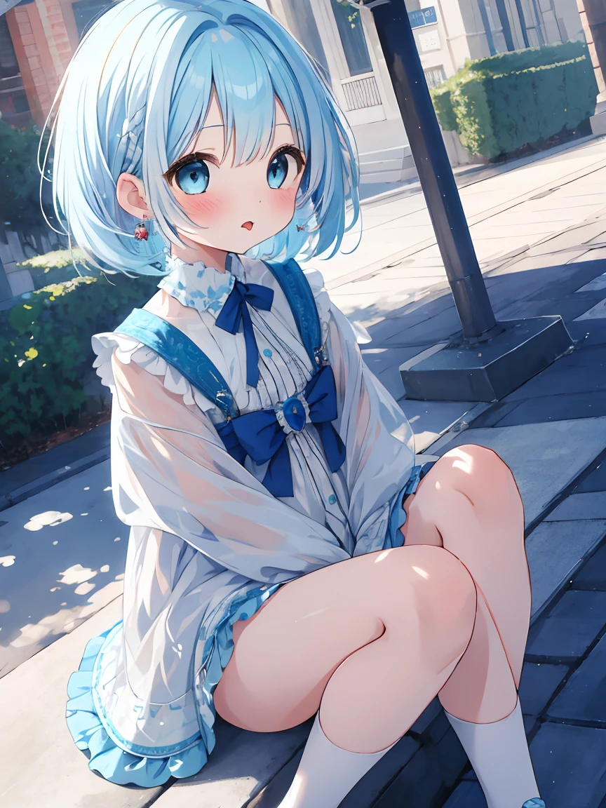 Masterpiece, best quality, extremely detailed, (illustration, official art: 1.1), 1 girl, ((light blue hair))), light blue hair, , ((blush)), cute face, big eyes, masterpiece, best quality, ((a very delicate and beautiful girl)))), amazing, beautiful detailed eyes, blunt bangs (((little delicate girl)))), tareme (true beautiful: 1.2),
(((Masterpiece)))), ((Best Quality))), Hi-Res, On Thighs, (Slouch), (Cute One Girl))), Solo, White Skin, Small, (Light Blue Hair), ((Short Hair)), (Straight Bangs)), Beautiful Hair, Blue Eyes, Beautiful Eyes in Detail, (((Tongue)), Red Face, Heart, Summer Clothes, Ruffles, Earrings, Outdoor, Street, (Night), Shadow Lighting,