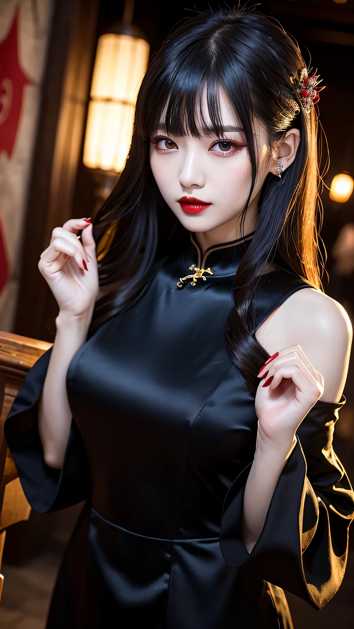 tra-detailed、Japanese、attractive beauty、seductive adult woman、pretty woman、piercing eyes、cool girl、wavy hair、swept bangs、Long Black Cheongsam、wide sleeves、Evil cadres、evil depravity、brainwash、mind control、lipstick、lip gloss、dark makeup、smirk、whisper in your ear、Evil expression、evil、hollow eyes,half-closed eyes、empty eyes、evil、church at night、vampire、succubus、vampire、Swear allegiance、sexy pose、hair ornaments、