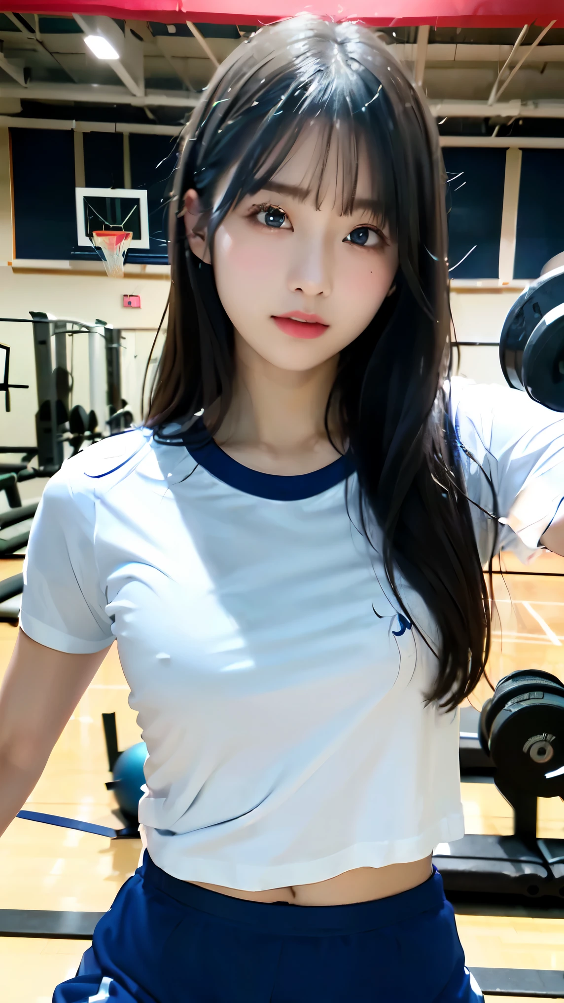 ((navy blue bloomers:1.5)), ((Junior high school gym shirt, white t-shirt:1.5)),The cutest gravure idol pose in the world、perfect proportions、cute、((18 year old female:1.2))、young adorable japanese face，official art，Highly detailed CG Unity 8K wallpaper，（masterpiece:1.0),(highest quality:1.0), 超A high resolution,4k,Super detailed, photo shoot, 8K, nffsw, High resolution, kodak portrait 400, film grain, lens flare glow,高いest quality,8K,nffsw:1.2),portrait shot,8K、View viewer