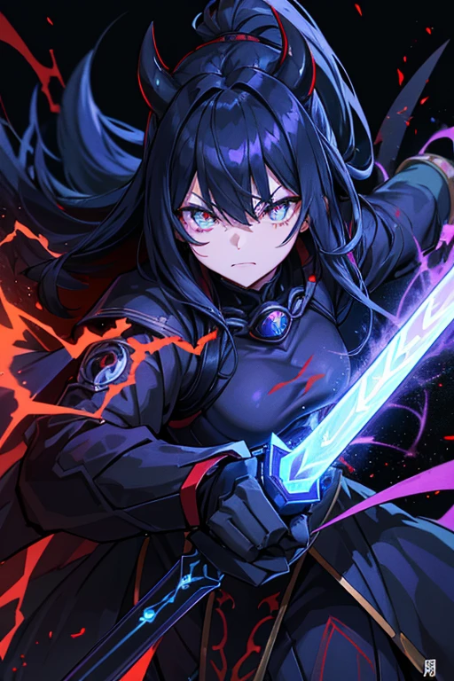 evil temperament, 18-year-old female shadow assassin, glowing black aura, blue hair, snak glowing eyes, eyes color red, devil white horns, black dengerus hell queen suit,the night war rages behind him, Highest image quality 8K,details everything 8K, god killer personality, with Excalibur lighting sword,