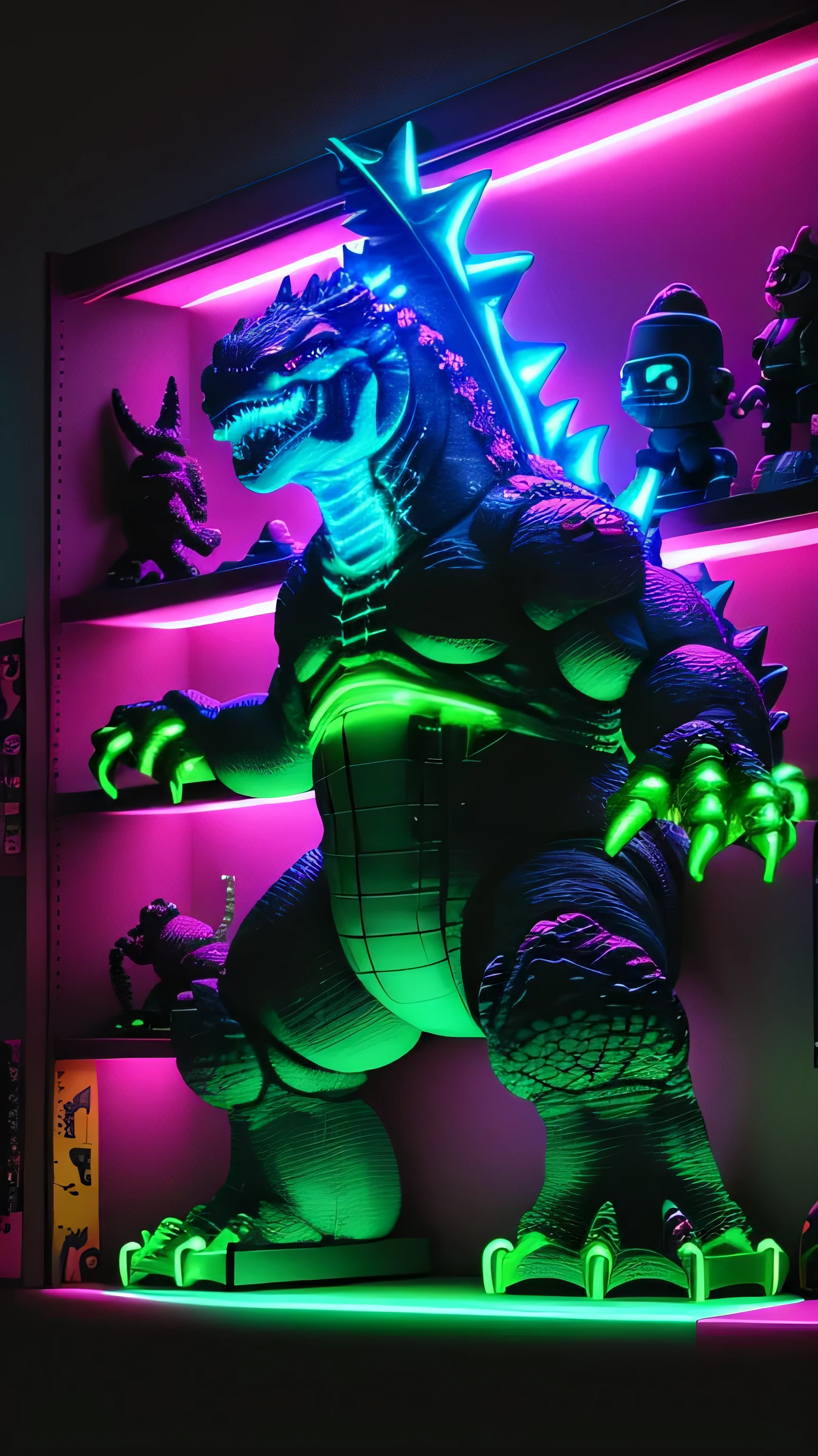 toy shelf with neon lights, toy Godzilla, toy robot, 8k
