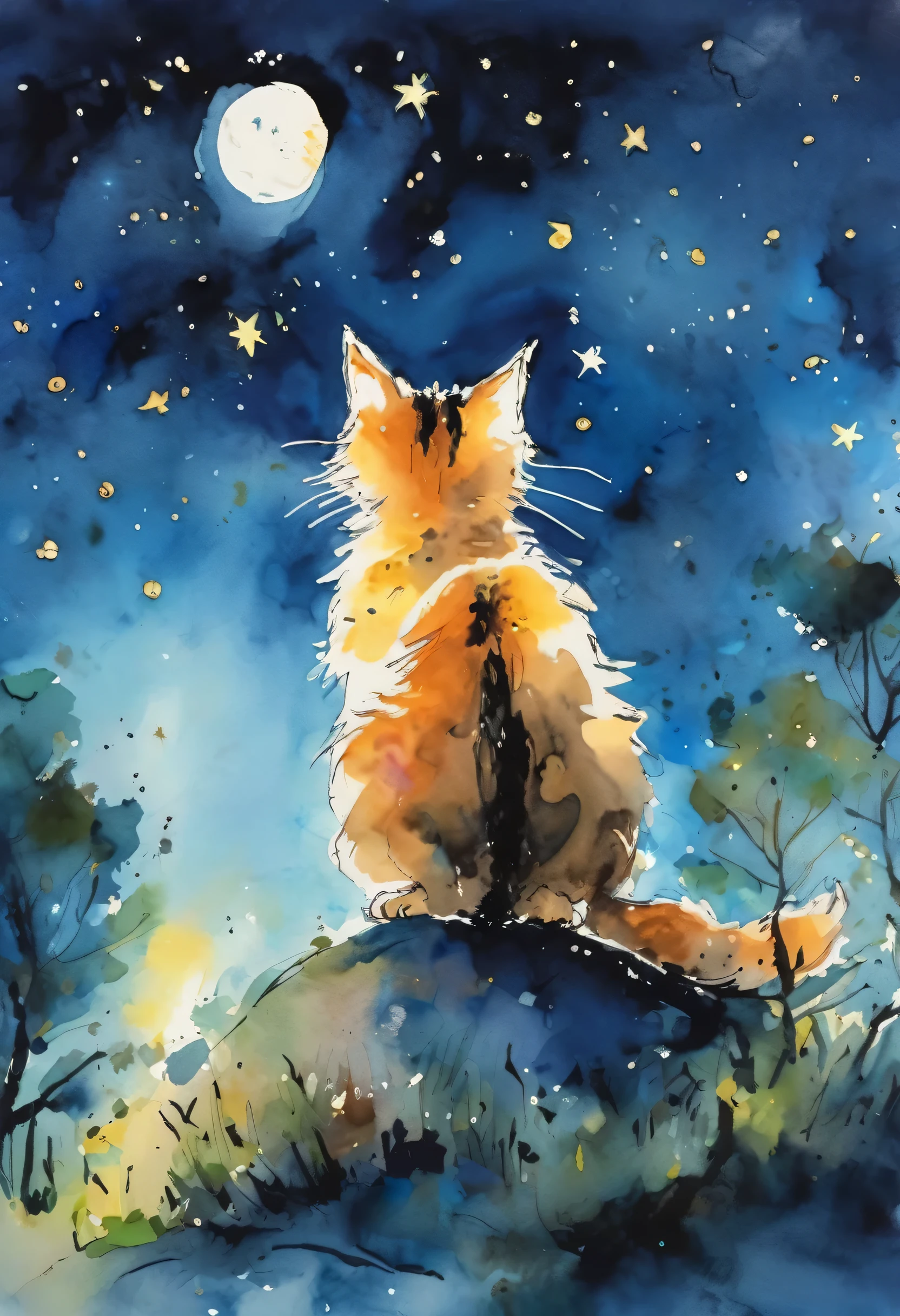 Quentin Blake style photo、Cat patrolling at night、starry sky、Portrait、High resolution、Beautiful poop、highest quality、masterpiece、very detailed