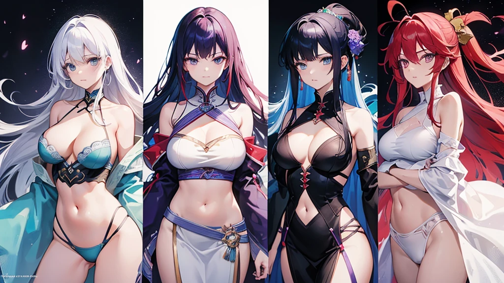 four people,woman,There is a sense of distance,Sexy off-the-shoulder,Open navel,Hanfu,red hair purple eyes,Blue hair and green eyes,Black hair, blue eyes,White hair and golden eyes,Take a sword,Want to fight
