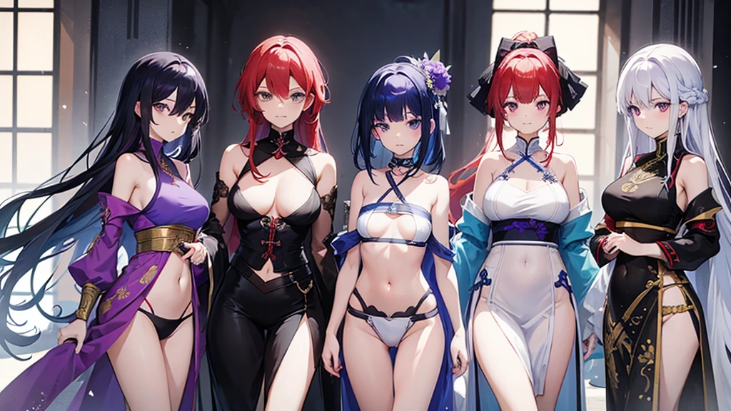 four people,woman,There is a sense of distance,Sexy off-the-shoulder,Open navel,Hanfu,red hair purple eyes,Blue hair and green eyes,Black hair, blue eyes,White hair and golden eyes,Take a sword,Want to fight
