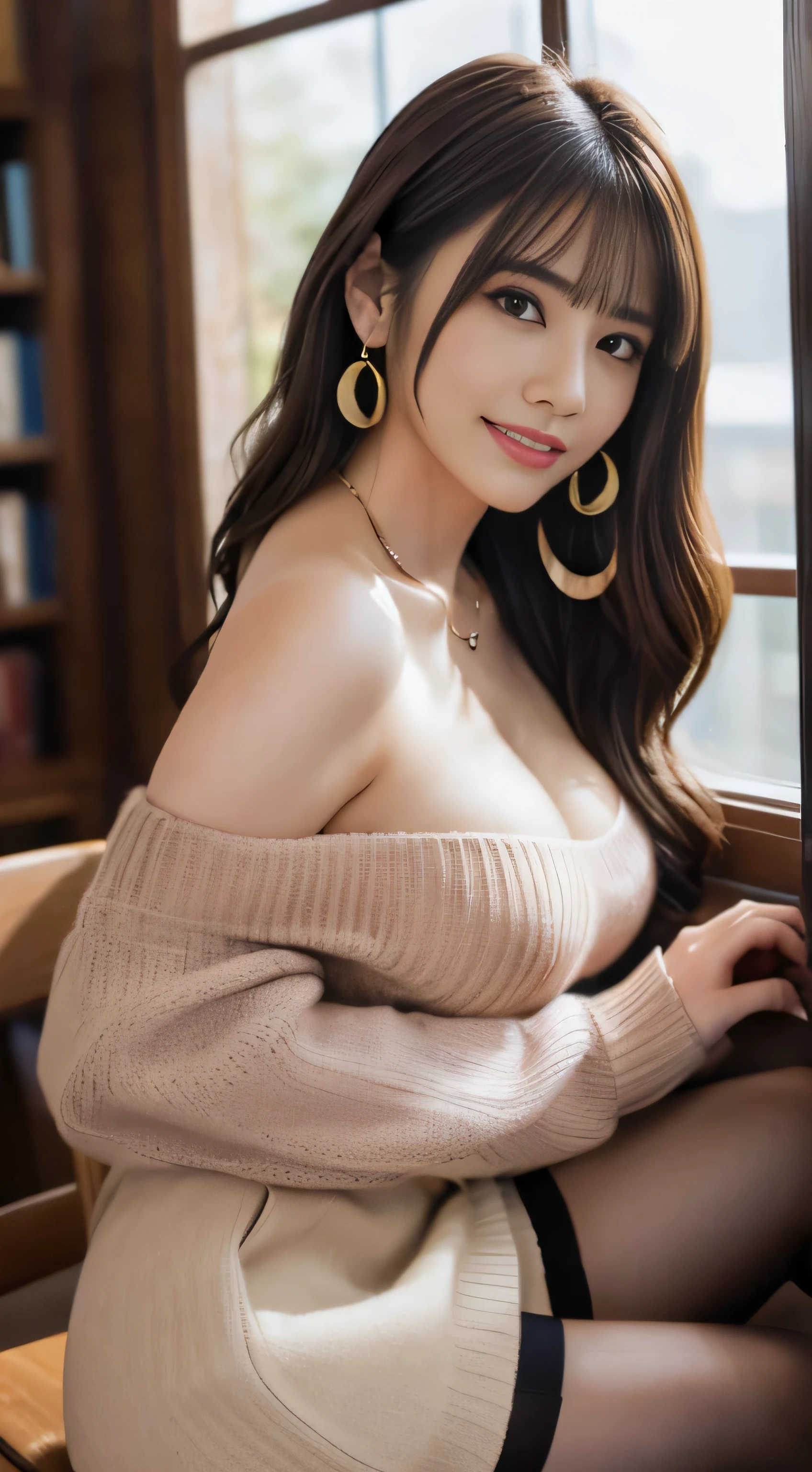 ((table top, highest quality, High resolution, , perfect pixel, 4k, ))), 1 girl, single, alone, Beautiful woman、(Angle where you can see the whole body)、 ((middle wave hair, bangs, brown hair)), ((brown eyes, beautiful eyelashes, realistic eyes)), ((detailed face, blush:1.2)), ((smooth texture:0.75, realistic texture:0.65, realistic:1.1, Anime CG style)), big breasts、soft chest、dynamic angle, perfect body, ((Female governess、、、Beige off-shoulder sweater、Dark Blue Flared Skirt、black garter stockings、earrings、necklace、upward glance、shy smile、library desk、Lean forward on both elbows、crawl on all fours、show cleavage、Spread your legs wide、))