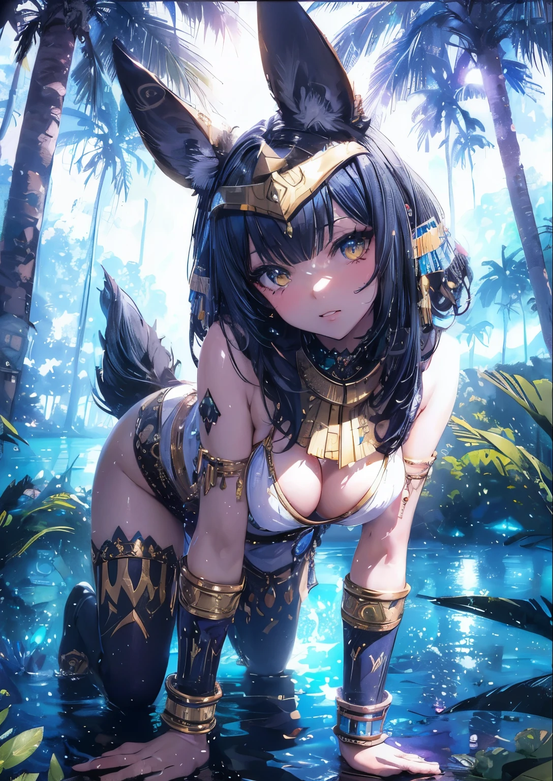 anime girl in a costume with ears and a body of water, mystical anubis valkyrie, trending on artstation pixiv, anime goddess, extremely detailed artgerm, 8k high quality detailed art, detailed digital anime art, guweiz on artstation pixiv, [ 4 k digital art ]!!, very beautiful anime cat girl, wlop and rossdraws