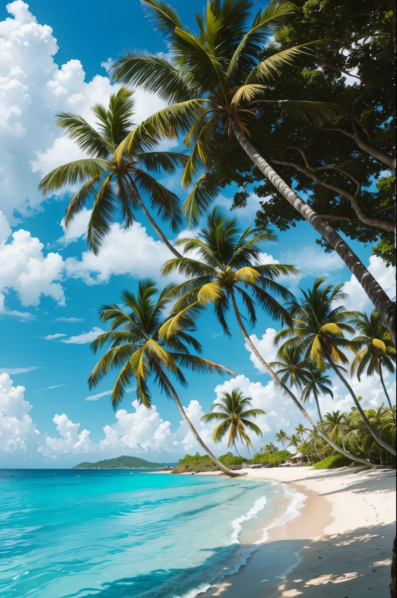 Lush tropical paradise, Surrounded by vibrant colors and breathtaking beauty. The sky above is a perfect shade of azure., Fluffy white clouds dotted the sky、Flowing slowly. The sun is shining warmly, Cast a golden glow on the landscape, Illuminating all shades of green. There is a vast beach in front of you., Where white sand meets crystal clear turquoise water. Gentle waves caress the shore, The ebb and flow of the waters creates a pleasant melody.. Palm trees swaying gracefully in the breeze