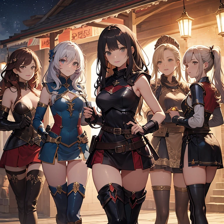 A group of  female medieval fantasy adventurers, (in tavern), various hair styles, harem, night, details face, short skirt, seducing, sleeveless, armor 