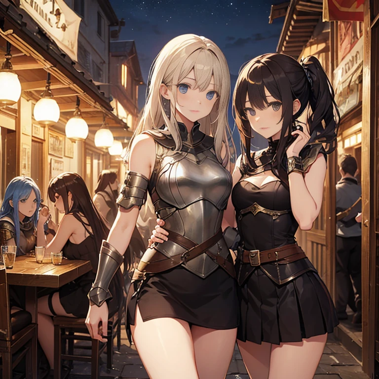 A group of  female medieval fantasy adventurers, (in tavern), various hair styles, harem, night, details face, short skirt, seducing, sleeveless, armor 