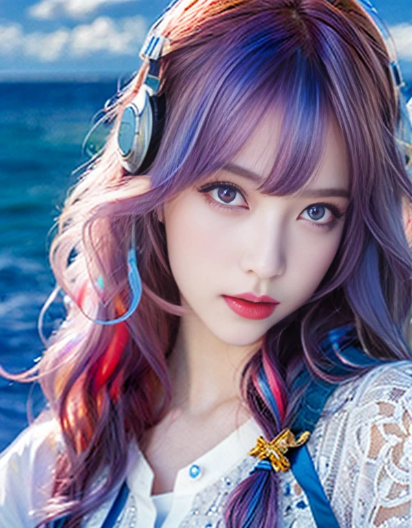 uta (one piece), There is eiichirou,, , 1 girl, :d, bangs, blue ribbon, diamond-shaped pupils, diamond (shape), hair between eyes, headphones, long hair, multicoloredhead, open your mouth, purple eyes, redhead, ribbon, shirt, sign, No sleeve, No sleeve shirt, smile, alone, ((split color hair)), symbol-shaped pupils, gray hair, white shirt, Ocean, one eye covered, watercolor,, , 