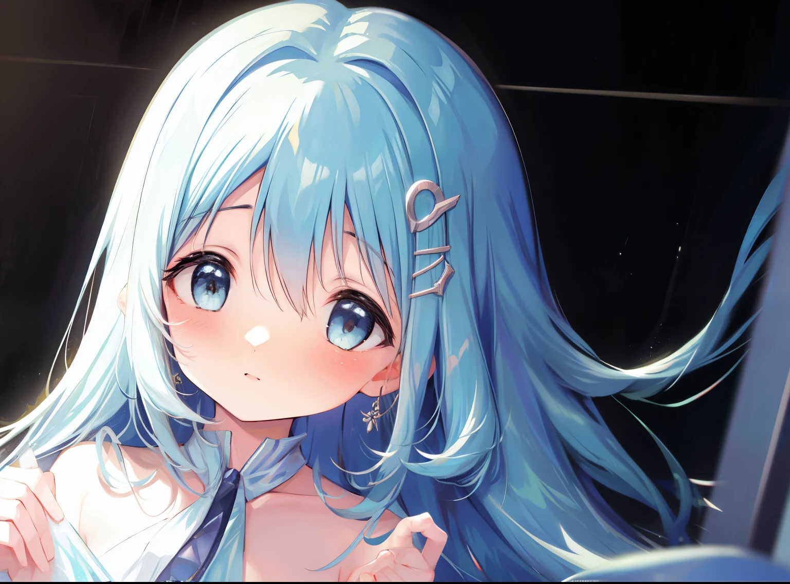 (masterpiece, best quality, extremely detailed, absurdres)), masterpiece, best quality, extremely detailed, (((light blue long hair,, nape of neck))), ,10 years old,long hair cute anime faces, detailed light, parted lips, shiny, beautiful detailed face, long hair, pale long hair, smile,  jewelry, lips, beautiful, expressive face, 1girl, solo, flat chest, blush, bangs, super fine illustration, 8k wallpaper, (photo background: 1.3),One woman，bathing，shoulder，return，Look return at the camera，shower，Press the return of your head with both hands，deep shading，cold light，bass，in the dark night，RAW photography，best quality，master piece，ultra high resolution，real 1.5