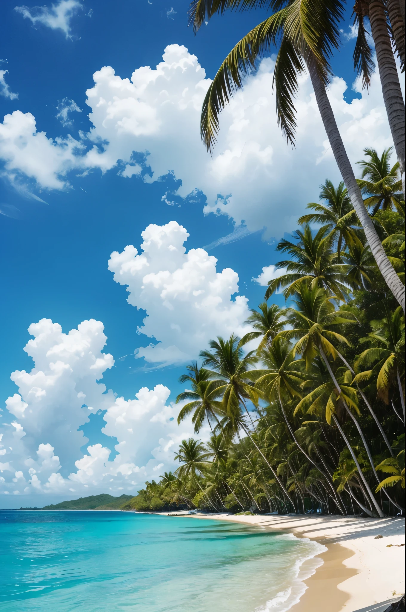 Lush tropical paradise, Surrounded by vibrant colors and breathtaking beauty. The sky above is a perfect shade of azure., Fluffy white clouds dotted the sky、Flowing slowly. The sun is shining warmly, Cast a golden glow on the landscape, Illuminating all shades of green. There is a vast beach in front of you., Where white sand meets crystal clear turquoise water. Gentle waves caress the shore, The ebb and flow of the waters creates a pleasant melody.. Palm trees swaying gracefully in the breeze