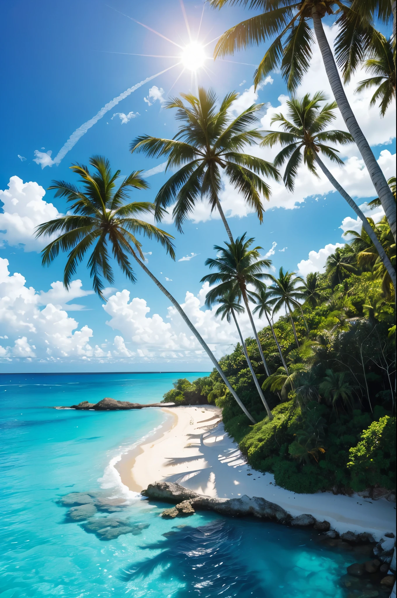Lush tropical paradise, Surrounded by vibrant colors and breathtaking beauty. The sky above is a perfect shade of azure., Fluffy white clouds dotted the sky、Flowing slowly. The sun is shining warmly, Cast a golden glow on the landscape, Illuminating all shades of green. There is a vast beach in front of you., Where white sand meets crystal clear turquoise water. Gentle waves caress the shore, The ebb and flow of the waters creates a pleasant melody.. Palm trees swaying gracefully in the breeze