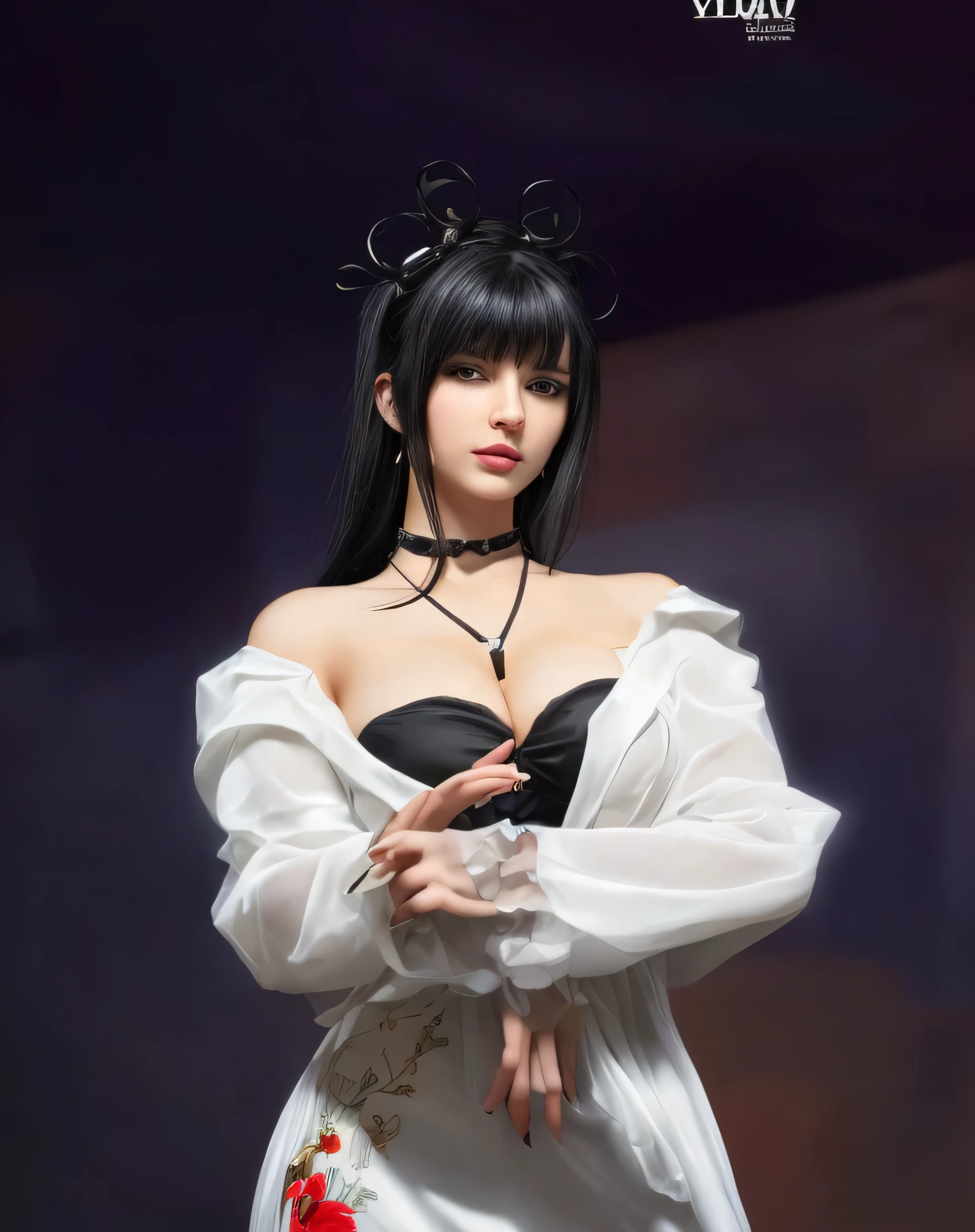 beautiful young woman with white dress and black hair, big breasts, realistic