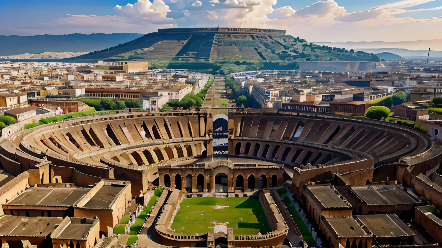The grand pepper warehouses of Emperor Domitian in ancient Rome: Visualize towering ancient structures still standing today, surrounded by Roman citizens and merchants in period attire.
