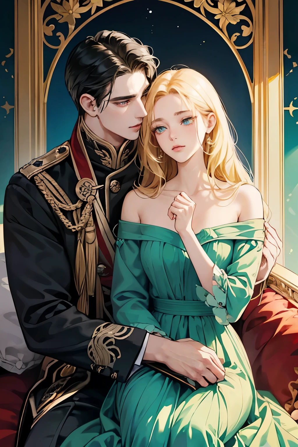 (masterpiece, a couple, high quality, best quality) The royal couple during the dance, The Guy is a perfect blond, blue-eyed aristocrat gave the impression of untouchability due to his overly bright facial features.A girl with long black hair, red eyes. Very close to each other. A girl in a beautiful dark green dress, a beautiful figure, very close to a guy, hugging excitedly, moonlight, beautiful facial features, desire, novel, couple, elegance. the cover of a novel for adults, good quality, sensual pose, lustful looks. the colors of the King,beautiful androgynous prince, knight and princess, delicate androgynous prince, romanticism art style, anime key visual of elegant, royal portrait, a girl with long black hair, resin-colored hair, red eyes, fair skin, light green dress. Background: The royal garden at night. Moon Lighting. Girl black hair red eyes, guy golden hair blue eyes, age 25, detailed face, manly man passionately hugs a girl, a girl is a princess of an enemy country with long black hair and red eyes, a man with golden hair and blue eyes, contrasting colors, passionate relationship, a girl in a green fitted dress with a neckline, a , male king in royal costume, after the ball, background of the royal garden, the lighting is cold, intimacy between the couple, passion. A very sexy man, . A girl is sitting on a man's lap, a passionate pose, a beautiful girl, a lot of details. Blond man, dark-haired girl