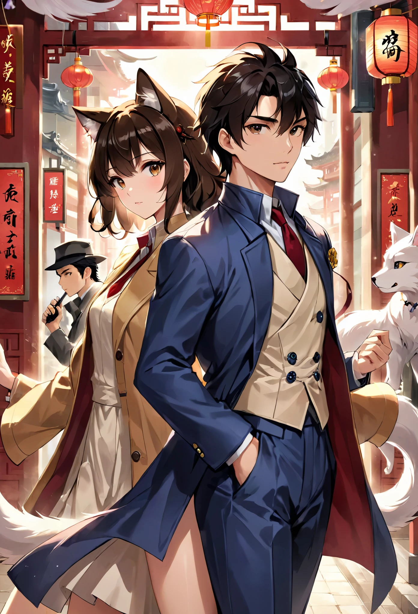 movie poster, movie artwork, concept art of action movie, romance novel cover, highres, top quality, best quality, perfect artwork, absurdres, perfect anatomy(couple, young 1male detective, 1woman in Chinese dress)(furry, kemono, anthro)with some elements of 007,