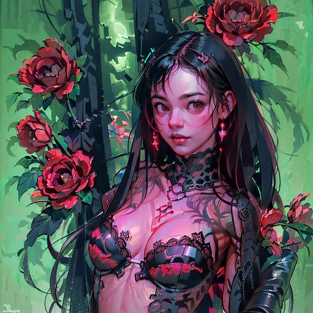(((Create one girl + ye, (realistic), (close-up), (stands all tall)), ((Dark and mysterious), (Night, rain blood, gothic anime girl)))_(( (Gothic unusual masterpiece of art)),((ominous clouds, hauntingly beautiful, ethereal moonlight, eerie shadows))_((Beautiful figure, half-turn 16+ years),eali),((small peach breasts, graceful figure, narrow waist, smooth hips)),((long double braids),(tight braids), (braided hair),(dark hair)),((red lips)), ((smile)))_ ((((Shiny skin:1.5, white skin, light skin: 1.5)),((sexy),(erotic),(cute),(nsfw)))_(((Bare shoulders, black lace dress)),(((black chiffon dress, very short dress, tight-fitting), (black), (transparent lace dress)),((stands almost completely naked, tattoos)))_(((Arms in elbow pads, palms in tactical gloves),(bare thighs, stomach )),((legs in combat knee pads, thigh-high stockings)), ((chunky leather lace-up boots)))_(((Impressive artistry, exquisite detail, dramatic lighting, vibrant red hues, stunning red and black flowers), ( ominous flowers, strange symbols, surreal elements))_((Strong contrasts, eerie, artistic masterpiece, detailed textures, dark color palette, foreboding horror)))_(((Digital painting, anime style, cyberpunk), (best quality ,4k, high resolution, masterpiece: 1.2)),((ultra detail)),((realistic, photorealistic, photorealistic: 1.37)))_(((Soft clear shapes, broad strokes, attention to detail)))_( ((High quality, 16K | Ultra HD | Full HD))).