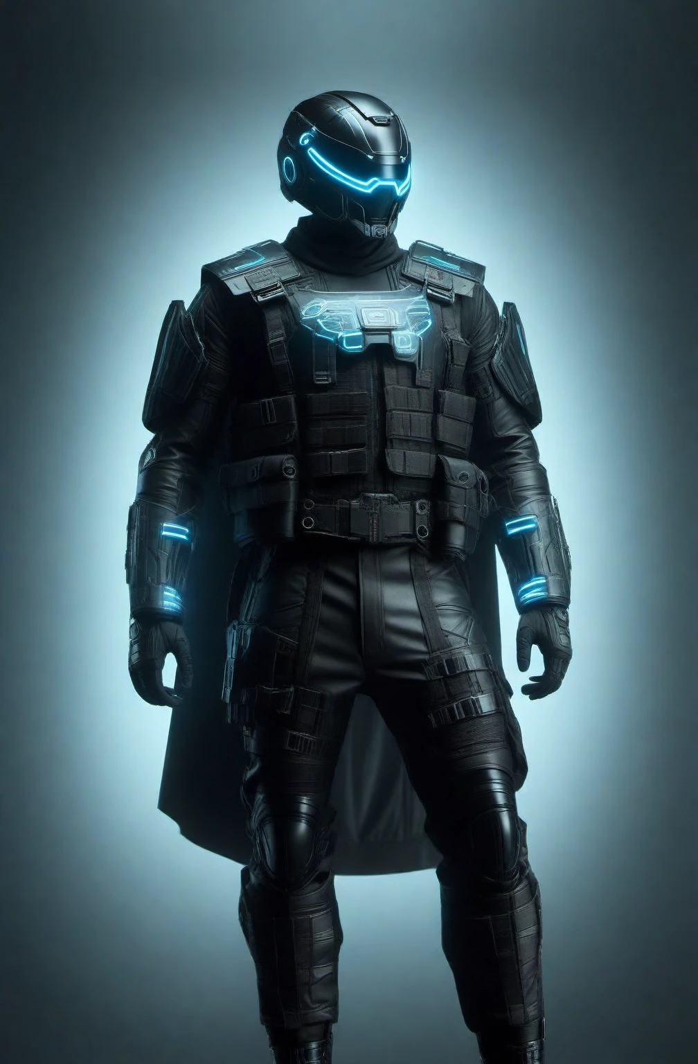 cinematic photo a man with a helmet with a tactical armour, Tactical vest with ammo pouches, A black cape behind him flowing in the wind, Utility belt, full body,Tron Background. 35mm photograph, film, bokeh, professional, 4k, highly detailed high-res, masterpiece, best quality, Tron legacy 