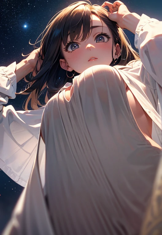 (masterpiece)、(highest quality)、((Super detailed))、(super delicate)、cowboy shot、big breasts、(lose one's clothes:1.3)、(from below:2), (face close-up:1.3),Hot spring at night、fantastic starry sky