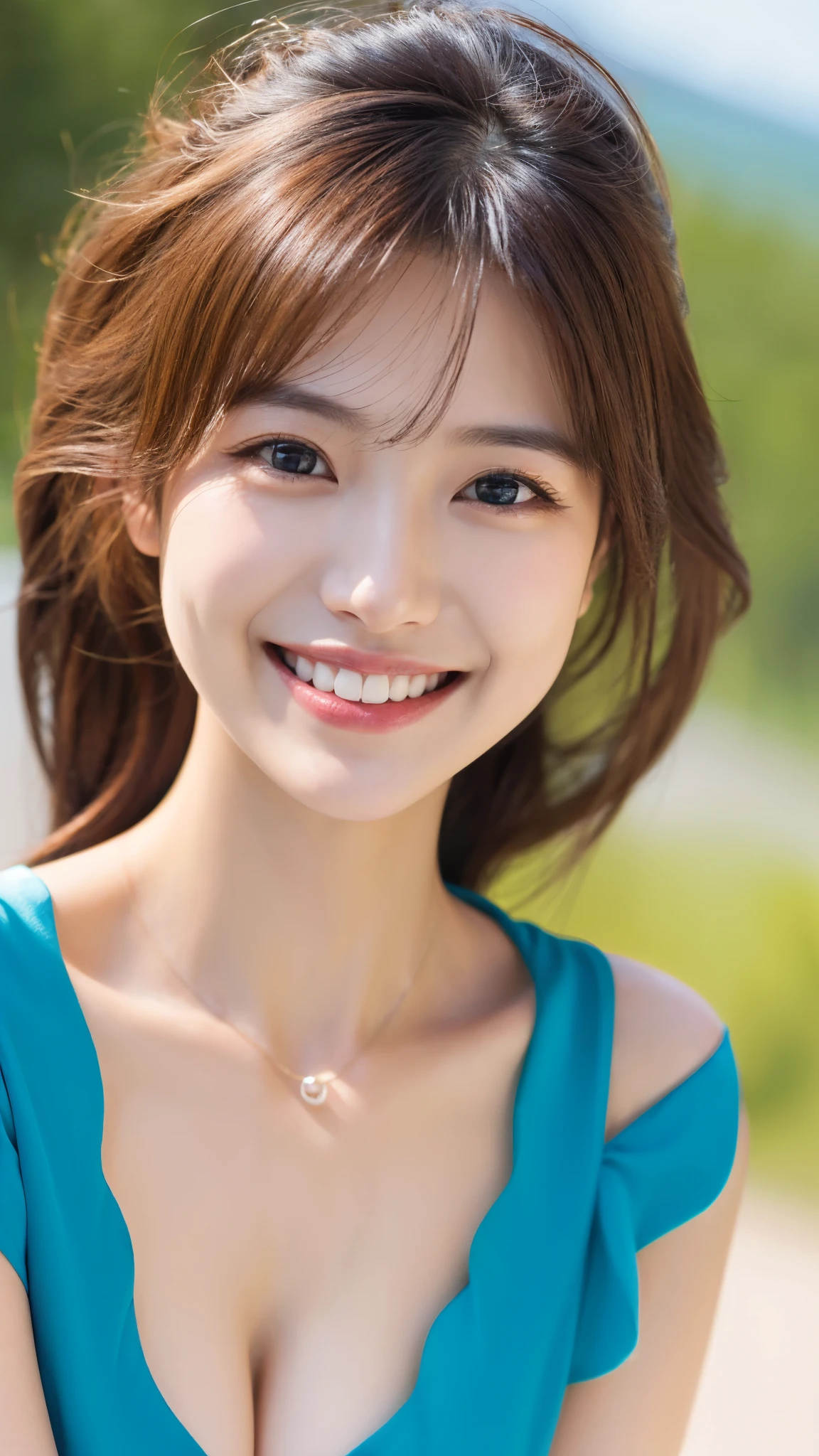 highest quality, masterpiece, ultra high resolution, realistic, 24-years-old,1 girl,Deep off-shoulder, smile,smiling showing teeth,cleavage,