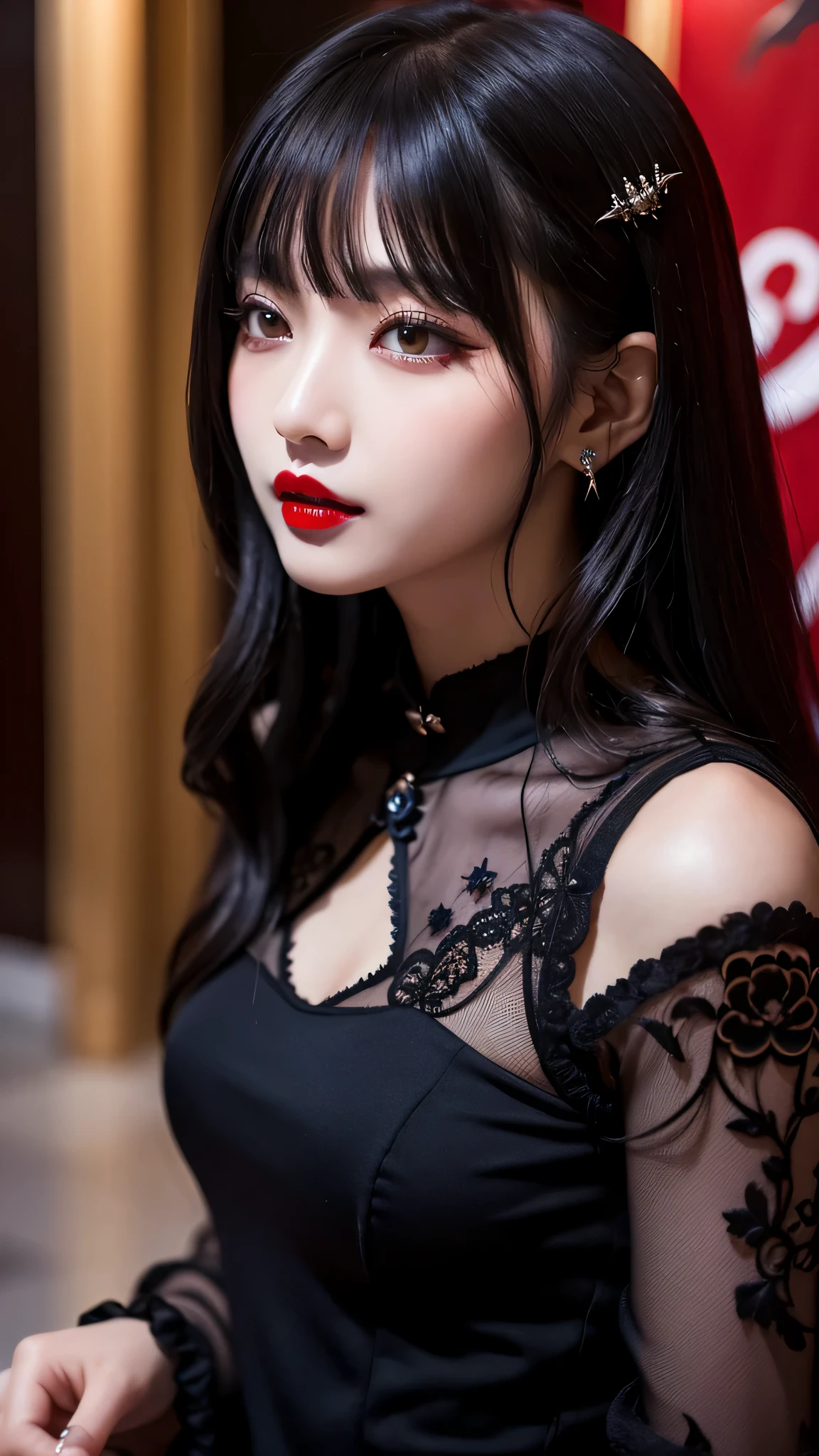 tra-detailed、Japanese、attractive beauty、seductive adult woman、pretty woman、piercing eyes、cool girl、wavy hair、swept bangs、Long Black Cheongsam、wide sleeves、Evil cadres、evil depravity、brainwash、mind control、lipstick、lip gloss、dark makeup、smirk、whisper in your ear、Evil expression、evil、hollow eyes,half-closed eyes、empty eyes、evil、church at night、vampire、succubus、vampire、Swear allegiance、sexy pose、hair ornaments、