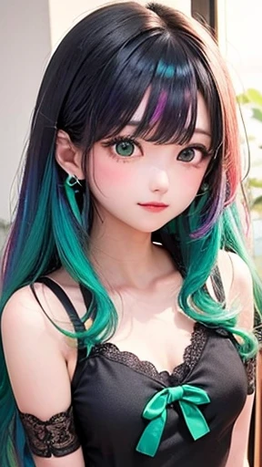 small face、thick thighs、 (alone:1.5,)Super detailed,bright colors, very beautiful detailed anime face and eyes, look straight, shiny_skin,girl, (((rainbow colored hair, colorful hair, Half red、Half emerald green hair: 1.2))), 、shiny hair, delicate beautiful face, blush、Glasses、(turquoise eyes), , Valletta, earrings,、flower garden、sunset、(((black color、See-through、sexy、Sailor Leotard、Lace mini skirt,Translucent shirt)))、(twin tails)、smile、happy face、face dyed red、cheerful pose、dynamic、