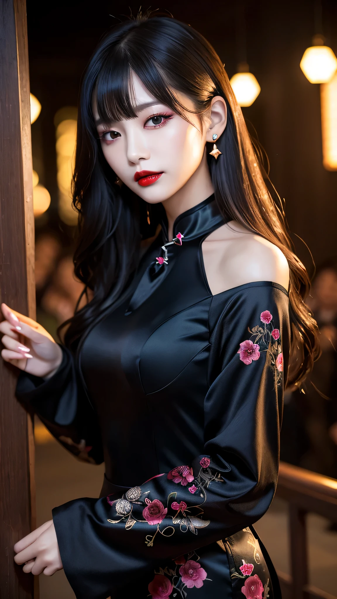 tra-detailed、Japanese、attractive beauty、seductive adult woman、pretty woman、piercing eyes、cool girl、wavy hair、swept bangs、Long Black Cheongsam、wide sleeves、Evil cadres、evil depravity、brainwash、mind control、lipstick、lip gloss、dark makeup、smirk、whisper in your ear、Evil expression、evil、hollow eyes,half-closed eyes、empty eyes、evil、church at night、vampire、succubus、vampire、Swear allegiance、sexy pose、hair ornaments、