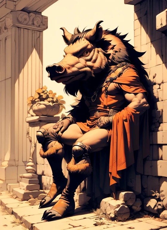 (head to toe: 2.0), (full body image: 2.0), solo, anthropomorphic boar, head of a boar, large, muscular, sitting on a throne, regal clothing, sword and cepter, facial piercings, , extremely stylized, deviant art, masterpiece, highly detailed, detailed eyes, expressive detailed eyes, detailed pupils, crown, boots, entire body image, full body shot, nvinkpunk, professional photograph of alexander_skarsgard, tassles, large beads, large tassels, 