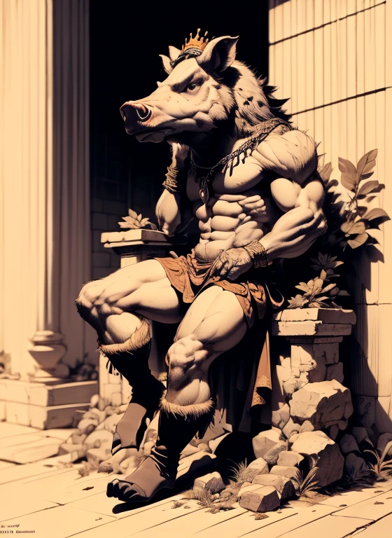 (head to toe: 2.0), (full body image: 2.0), solo, anthropomorphic boar, head of a boar, large, muscular, sitting on a throne, regal clothing, sword and cepter, facial piercings, , extremely stylized, deviant art, masterpiece, highly detailed, detailed eyes, expressive detailed eyes, detailed pupils, crown, boots, entire body image, full body shot, nvinkpunk, professional photograph of alexander_skarsgard, tassles, large beads, large tassels, 