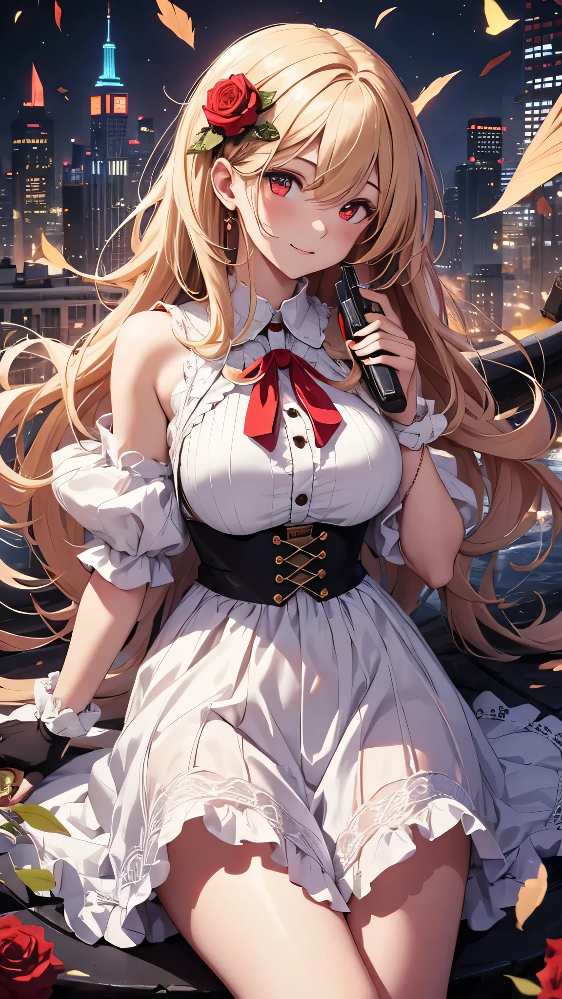 最high quality、best image quality、masterpiece、girl((18-year-old、 By becoming、vest bust、medium bust,wide open breast tea、red glowing eyes, blonde、messy hair、long hair、thin,highest valley、Show the whole body、white dress、open chest、White wristband、red shoes、sexy、smile、Leaning forward、rose hair ornament、Holding a handgun、Whole body return blood)),high quality、beautiful art、background((City of night、dark road))、Flight、debris flies、Depth of written boundary、movie、visual art、perfect art、8K,genuine、