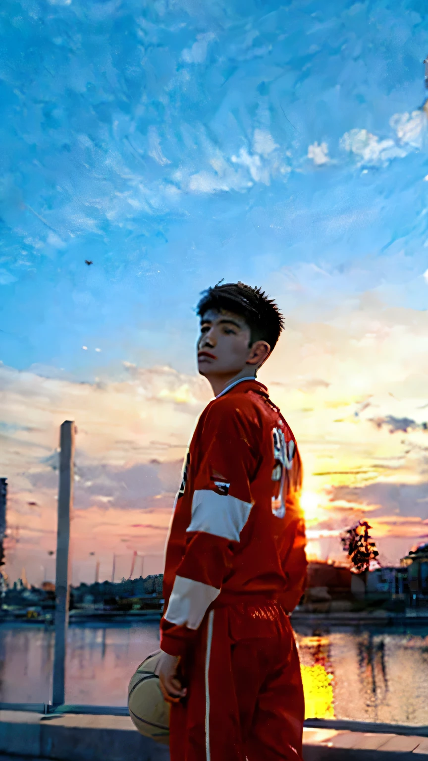 （masterpiece），（best quality），1.8m boy shooting from behind，Handsome，Sunset dusk，wear basketball uniform