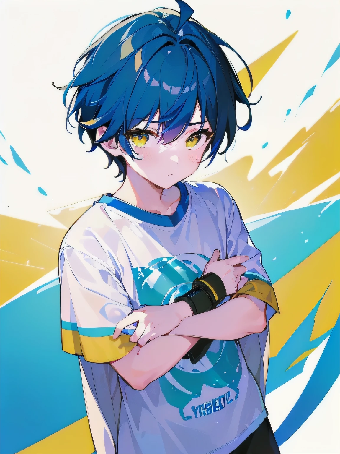 [(WHITE BACKGROUND:1.5),::5], ((((masterpiece)))), high quality, very_high_resolution, large_filesize, full color, ((younger boy)), , short deepblue hair, vivid color, ((yellow eye)), civilian clothes white, anime, Below the knee to upper body, (SUMMER GALAXY EFFECT)