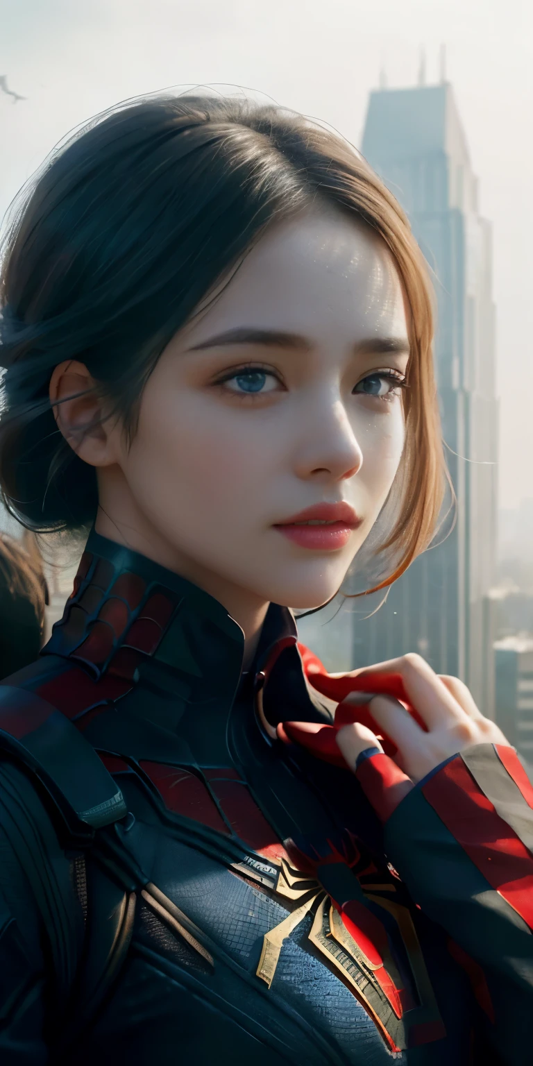 (1girl:1.3), Solo, (((Very detailed face)))), ((Very detailed eyes and face)))), Beautiful detail eyes, Body parts__, Official art, Unified 8k wallpaper, Super detailed, beautiful and beautiful, beautiful, masterpiece, best quality, original, masterpiece, super fine photo, best quality, super high resolution, realistic realism, sunlight, full body portrait, amazing beauty, dynamic pose, delicate face, vibrant eyes, (from the front), She wears Spider-Man suit, red and black color scheme, spider, very detailed city roof background, rooftop, overlooking the city, detailed face, detailed complex busy background, messy, gorgeous, milky white, highly detailed skin, realistic skin details, visible pores, clear focus, volumetric fog, 8k uhd, DSLR, high quality, film grain, fair skin, photo realism, lomography, futuristic dystopian megalopolis, translucent
