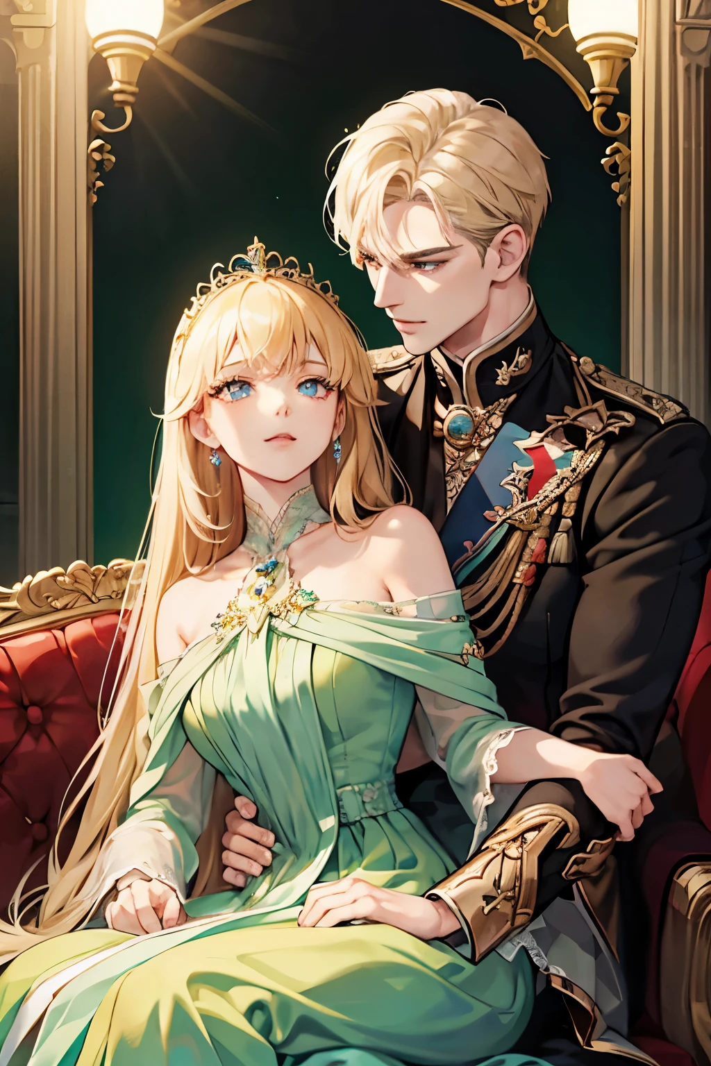 (masterpiece, a couple, high quality, best quality) The royal couple during the dance, The Guy is a perfect blond, blue-eyed aristocrat gave the impression of untouchability due to his overly bright facial features.A girl with long black hair, red eyes. Very close to each other. A girl in a beautiful dark green dress, a beautiful figure, very close to a guy, hugging excitedly, moonlight, beautiful facial features, desire, novel, couple, elegance. the cover of a novel for adults, good quality, sensual pose, lustful looks. the colors of the King,beautiful androgynous prince, knight and princess, delicate androgynous prince, romanticism art style, anime key visual of elegant, royal portrait, a girl with long black hair, resin-colored hair, red eyes, fair skin, light green dress. Background: The royal garden at night. Moon Lighting. Girl black hair red eyes, guy golden hair blue eyes, age 25, detailed face, manly man passionately hugs a girl, a girl is a princess of an enemy country with long black hair and red eyes, a man with golden hair and blue eyes, contrasting colors, passionate relationship, a girl in a green fitted dress with a neckline, a , male king in royal costume, after the ball, background of the royal garden, the lighting is cold, intimacy between the couple, passion. A very sexy man, . A girl is sitting on a man's lap, a passionate pose, a beautiful girl, a lot of details. Blond man, dark-haired girl, attraction between couple, sexy pose, addiction