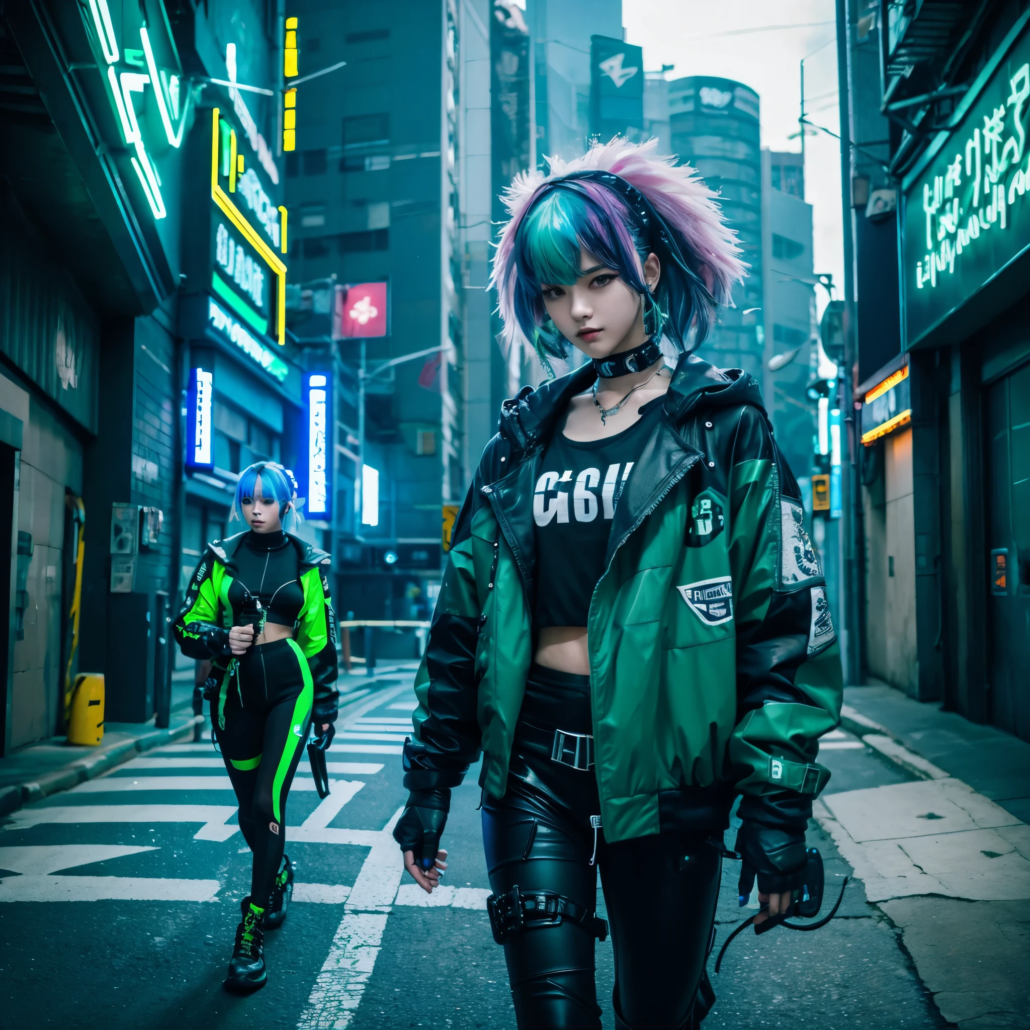 A cyberpunk girl with blue and white gradient hair,Wearing a black and green jacket,Gun in hand,Walk the cyberpunk-inspired streets
