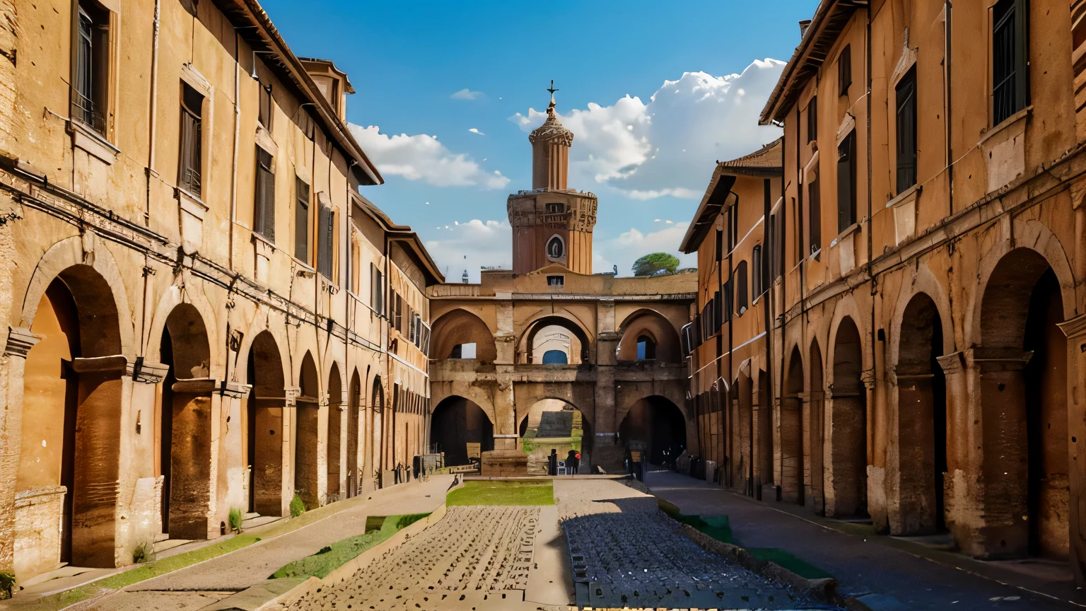 The grand pepper warehouses of Emperor Domitian in Rome: Visualize towering ancient structures still standing today, surrounded by Roman citizens and merchants in period attire.