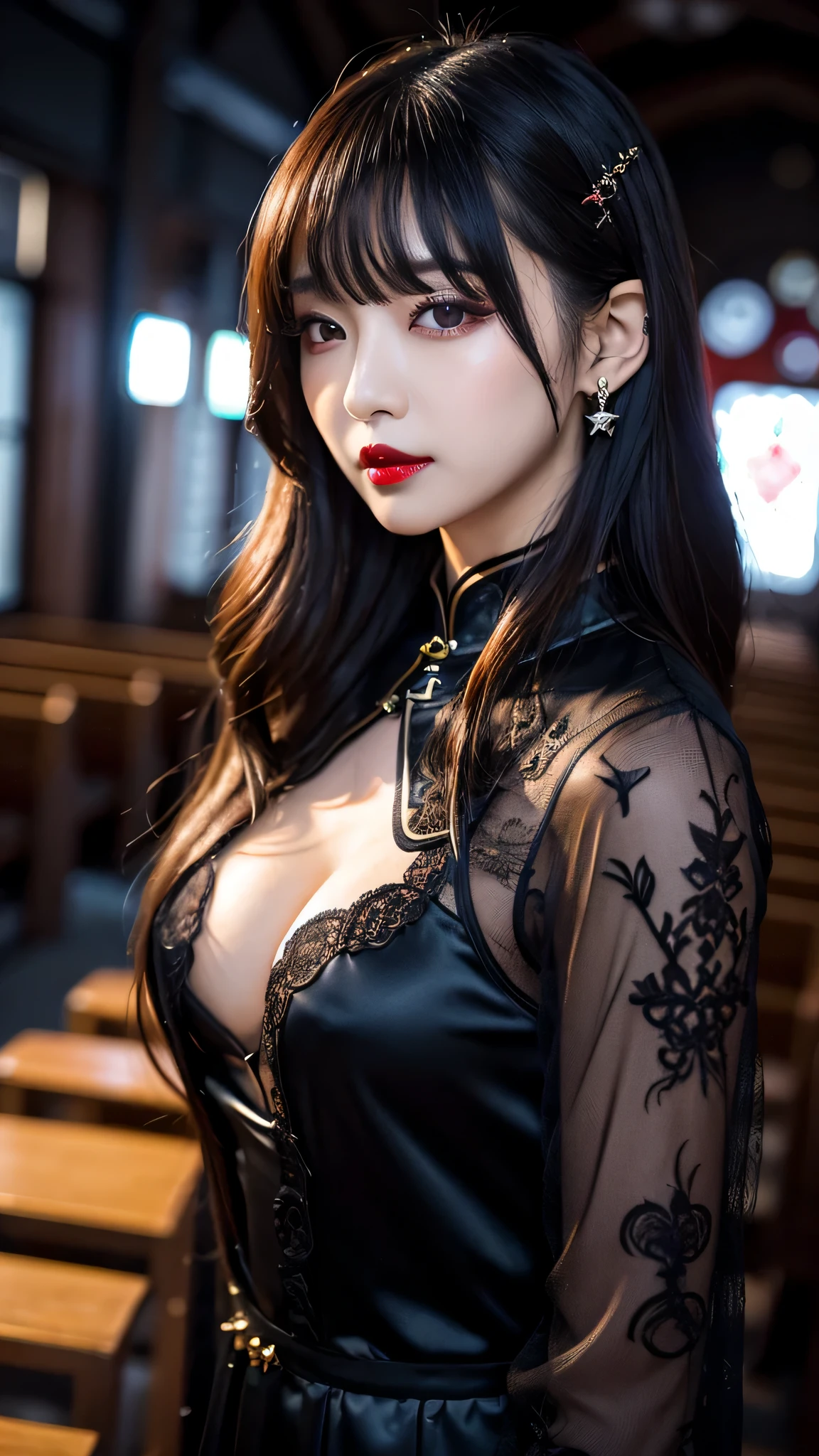 tra-detailed、Japanese、attractive beauty、seductive adult woman、pretty woman、piercing eyes、cool girl、wavy hair、swept bangs、Long Black Cheongsam、wide sleeves、Evil cadres、evil depravity、brainwash、mind control、lipstick、lip gloss、dark makeup、smirk、whisper in your ear、Evil expression、evil、hollow eyes,half-closed eyes、empty eyes、evil、church at night、vampire、succubus、vampire、Swear allegiance、sexy pose、hair ornaments、