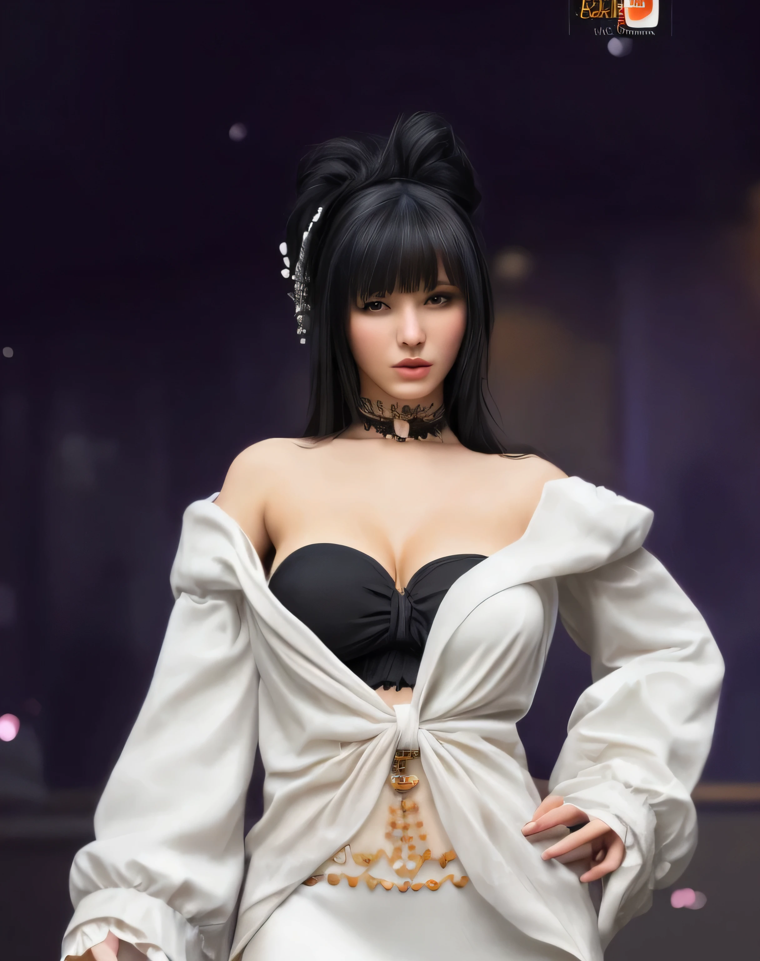 beautiful young woman with white dress and black hair, big breasts, realistic