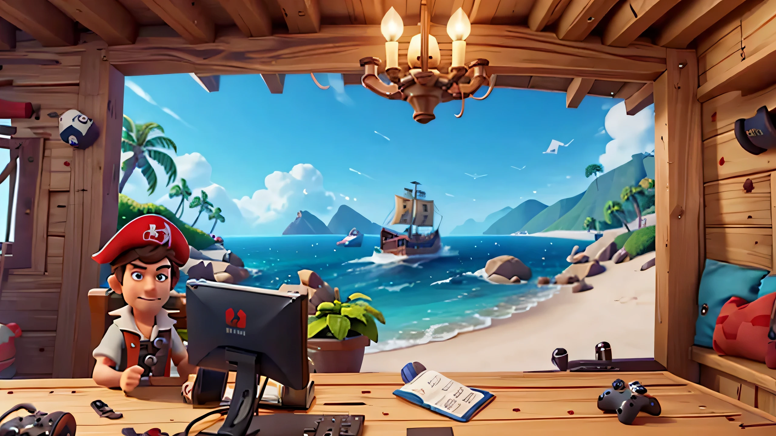 youtube banner for gaming channel contains sea of thieves , pirates man , and contains name "KudliS"