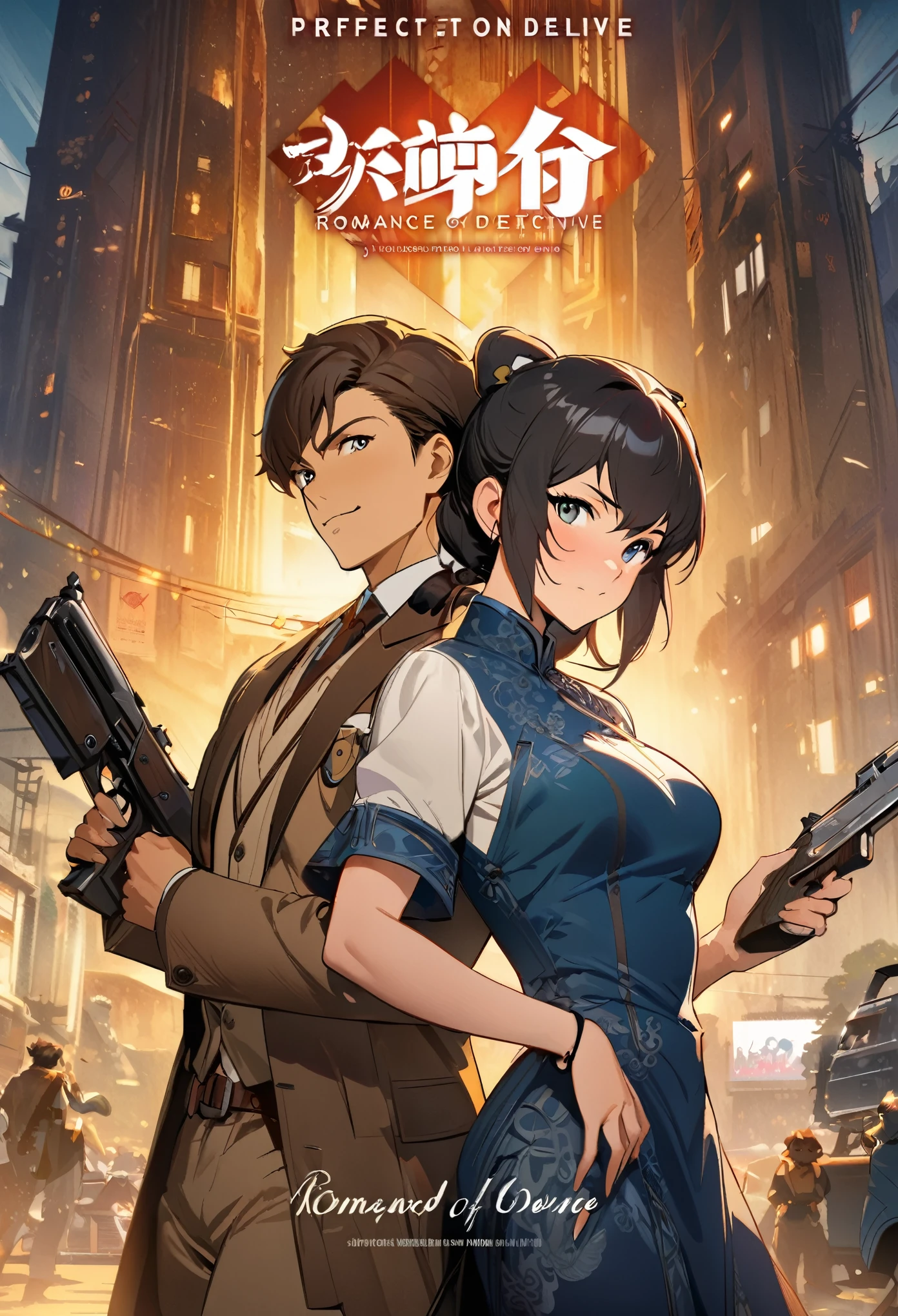movie poster, movie artwork, concept art of action movie, romance novel cover, highres, top quality, best quality, perfect artwork, absurdres, perfect anatomy(couple, young 1male detective, 1woman in Chinese dress)(furry, kemono, anthro)with some elements of 007,