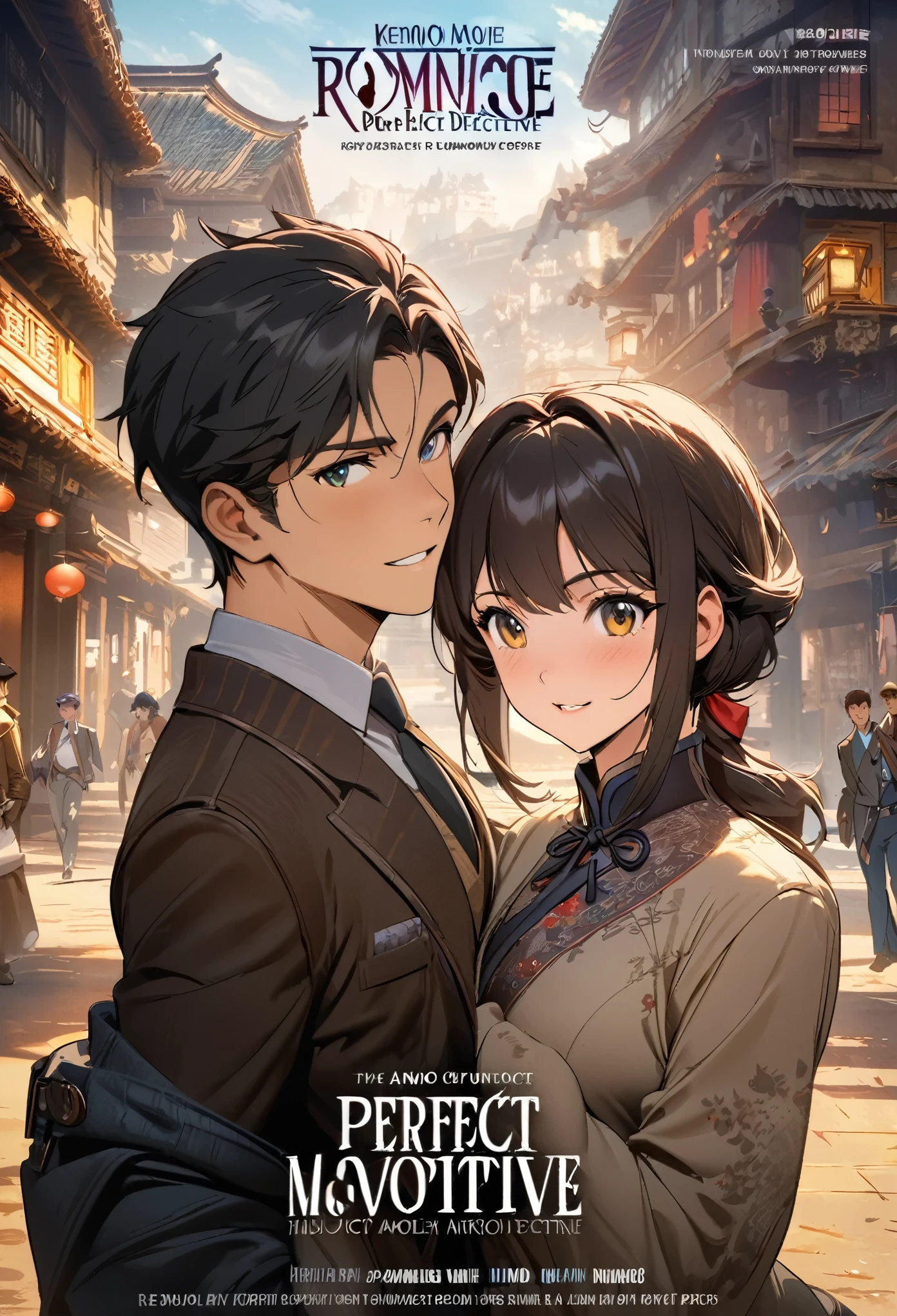 movie poster, movie artwork, concept art of action movie, romance novel cover, highres, top quality, best quality, perfect artwork, absurdres, perfect anatomy(couple, young 1male detective, 1woman in Chinese dress)(furry, kemono, anthro)with some elements of 007,