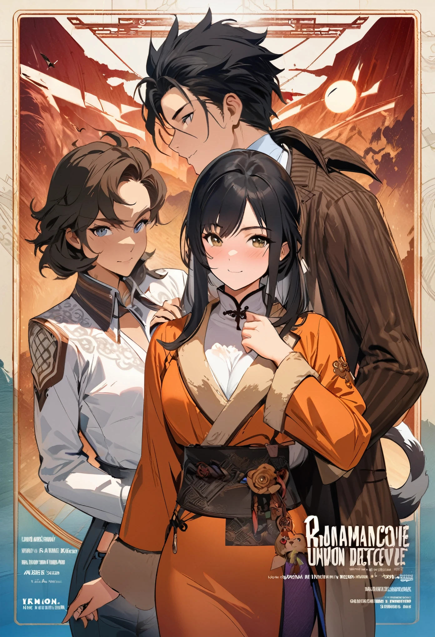 movie poster, movie artwork, concept art of action movie, romance novel cover, highres, top quality, best quality, perfect artwork, absurdres, perfect anatomy(couple, young 1male detective, 1woman in Chinese dress)(furry, kemono, anthro)with some elements of 007,