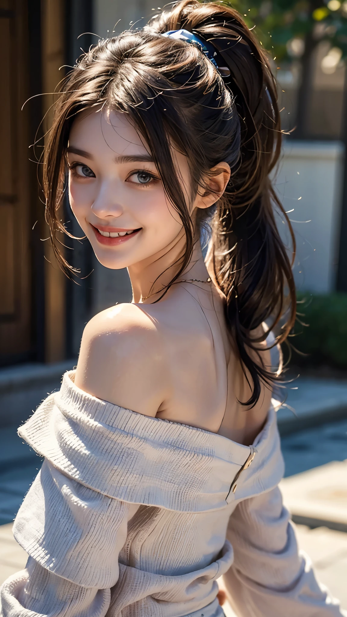 highest quality, masterpiece, ultra high resolution, realistic, 24-years-old,1 girl,Deep off-shoulder, smile,smiling showing teeth,cleavage,Ponytail and Hair Tie,