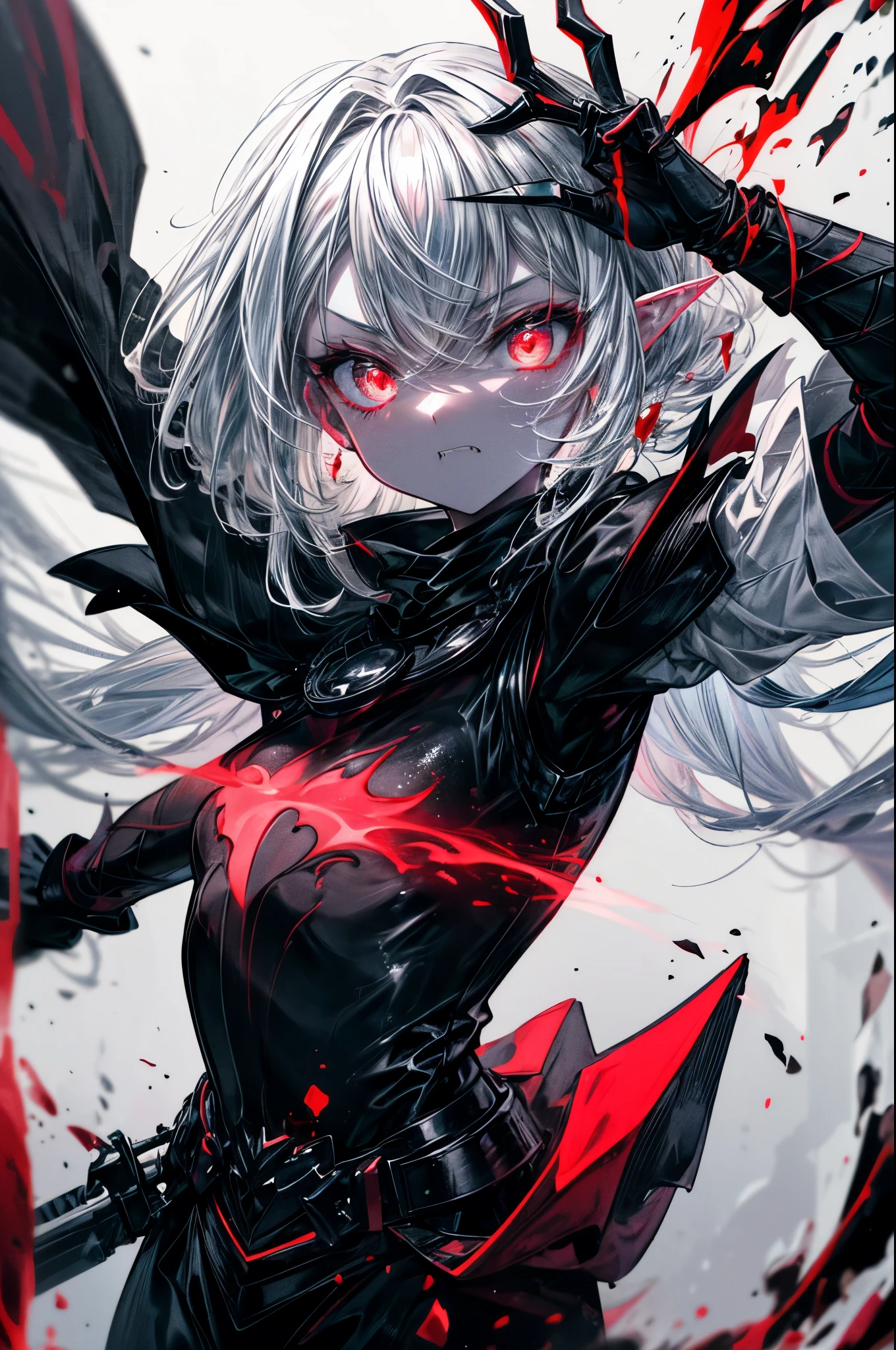 ((Best Quality, 8K, Masterpiece)), ((1woman, petite)), bleeding from eyes, flat color, limited palette, short messy white hair, elf ears, sharp fangs, angered expression, shouting, glowing eyes, assassin's metallic armor, cowl, black shawl, fully clothed, dark aura, dynamic pose, fighting stance, black and red, two tone, dark hue, red hue, high contrast, dark lighting
