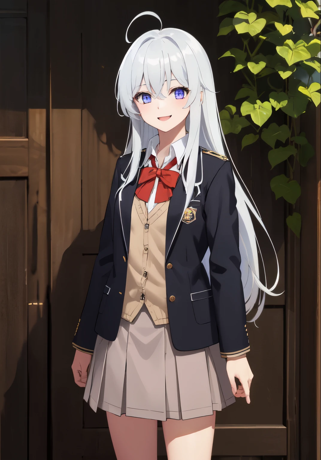 (masterpiece, best quality:1.0), highly detailed,  detail,  1girl , ,elaina, white hair, long hair, braided hair, ahoge, purple eyes, UNiform, red bowtie, collared shirt, black sweater vest, blazer, gray blazer, opened jacket, long sleeves, plaid skirt, brown skirt, outdoor,  smile,  standing, cowboy shot, 