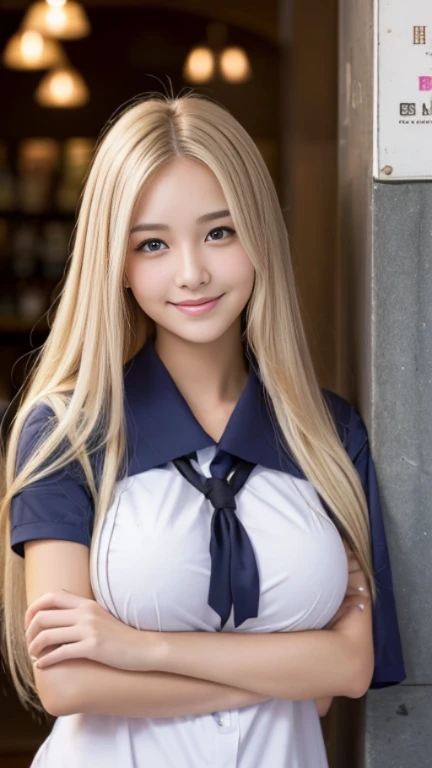 vivid description,long straight blonde hair,((A small mole 2cm below the corner of the left eye)),18 year old beautiful girl,((Large accentuated breasts)),Hair that sways lightly,(whole body),slightly dark skin,(slightly droopy eyes),cute smile,Girls Bar Clerk,Exposed uniform