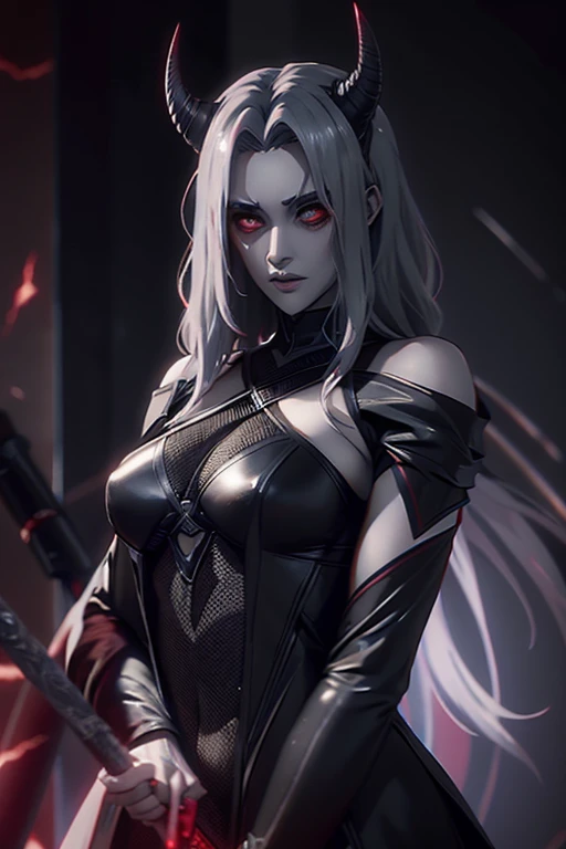 evil temperament, 18-year-old female shadow assassin, glowing black aura, red and silver hair, snak glowing eyes, eyes color red, devil white horns, black dengerus hell queen suit,the night war rages behind him, Highest image quality 8K,details everything 8K, god killer personality, with Excalibur lighting sword, background place multiuniverses.
